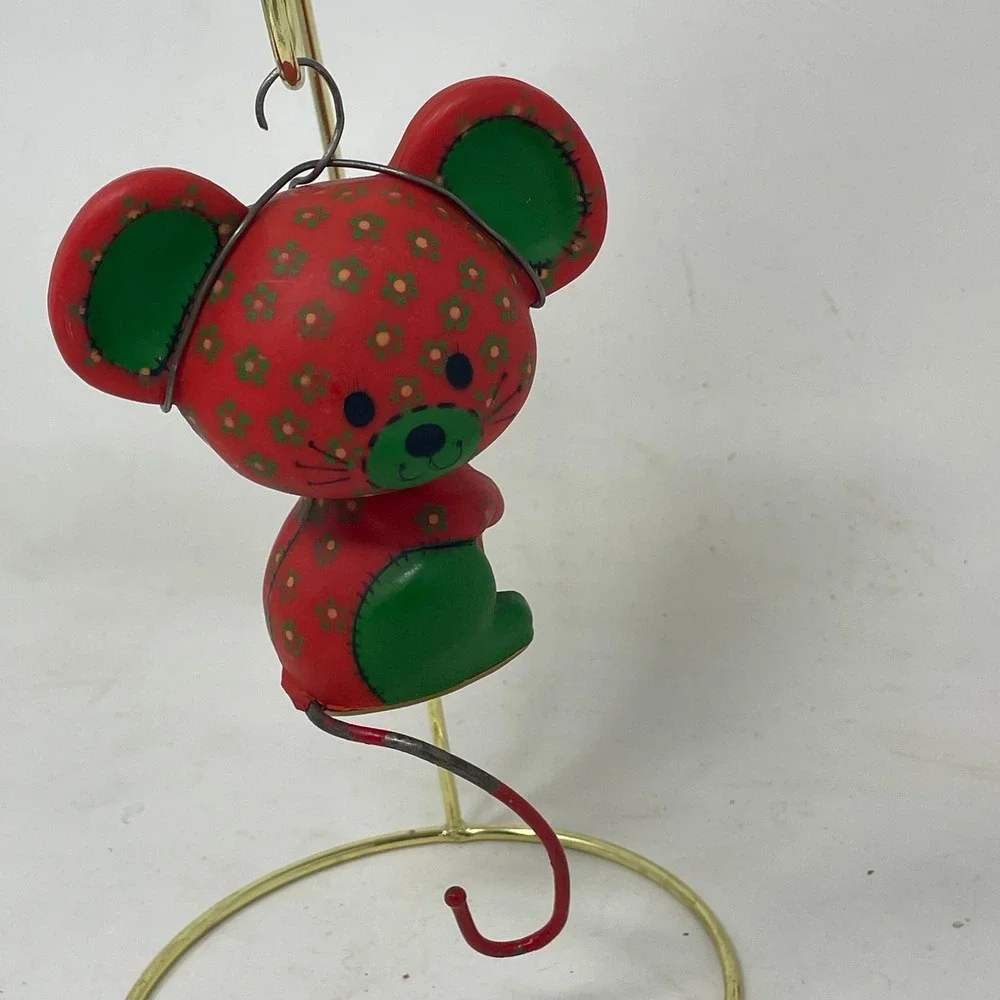 Vintage Mouse Christmas Ornament Red Green Floral Pattern Retro Whimsical Decor